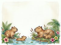 Watercolor capybara family in tropical setting with copy space, featuring baby capybaras swimming and resting among lush ferns and hibiscus flowers.