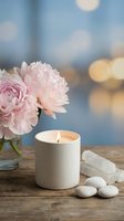 Soft pink peonies with lit candle and white stones create serene spa atmosphere on rustic wood table with dreamy bokeh background for relaxation.