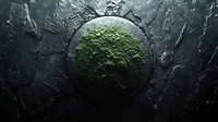 Mysterious green moss growing on dark round stone against textured black wall background creates moody atmospheric composition for nature and wellness designs.