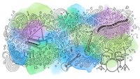 Colorful watercolor music doodle with instruments, notes and swirls on white background for creative projects and musical designs.