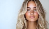 Young woman with wavy blonde balayage hair and natural makeup against white background, showcasing modern beauty trends and professional hairstyling techniques.