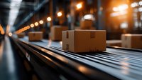 Cardboard packages moving on automated conveyor belt system in modern warehouse facility with warm industrial lighting for logistics operations.