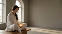 Young woman in white clothing practicing mindfulness meditation sitting cross-legged on wooden floor in minimalist room with natural sunlight streaming through arched window.