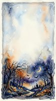 Watercolor Halloween frame with spooky trees, bats, moon and pumpkins creating atmospheric border for seasonal designs and invitations.