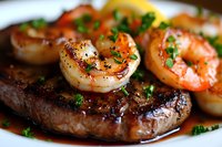 Grilled beef steak topped with seared jumbo shrimp garnished with fresh parsley and sauce, close up view of surf and turf dinner on white plate.