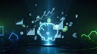 Digital piggy bank with glowing financial charts and currency symbols representing investment growth and savings technology on dark background.