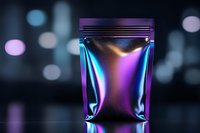 Holographic metallic zip lock pouch with iridescent rainbow colors on dark background with bokeh lights, modern packaging mockup for cosmetics and products.
