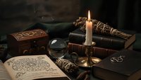Mystical altar setup with burning candle, crystal ball, sage bundles, ancient books and occult symbols for spiritual rituals and esoteric practices.
