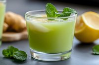 Fresh green ginger lemonade with mint garnish in glass, ice cubes, and sliced lemon on dark background, refreshing summer drink.
