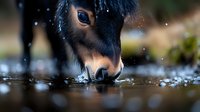 Young foal drinking water from puddle with droplets splashing around muzzle in natural outdoor setting for equestrian and farm animal concepts.
