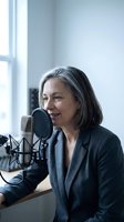 Mature woman with gray hair speaking into professional microphone during podcast recording session in modern studio with natural window lighting.