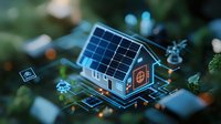 Futuristic smart house with solar panels and digital interface elements floating in green environment, concept of sustainable living and renewable energy technology.