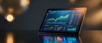 Digital tablet displaying financial trading charts and market data analytics with colorful graphs and statistics for investment analysis and business decisions.