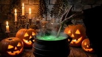 Carved jack-o-lanterns with glowing faces surround a bubbling cauldron with green potion, lit candles, and hanging vines for spooky Halloween decorations and seasonal celebrations.