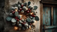 Festive winter wreath with pinecones, red berries and warm lights hanging on rustic wooden door creating cozy holiday atmosphere for seasonal decorating.