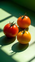 Fresh red and yellow cherry tomatoes with stems on green surface, casting dramatic shadows in natural light. Ideal for food photography.