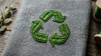 Green recycling symbol embroidered on gray linen fabric, sustainable eco concept with natural thread on wooden background.