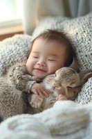Smiling Asian baby cuddling with sleeping cat on cozy knit blanket, warm natural lighting creates tender moment of childhood companionship and comfort.