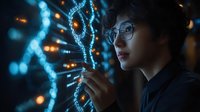 Young Asian male scientist in glasses examining glowing DNA structure hologram in dark laboratory with blue illumination and bokeh effects. Scientific research concept.