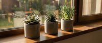 Three small succulent plants in modern concrete pots arranged on wooden windowsill with natural sunlight streaming through window for home decor.