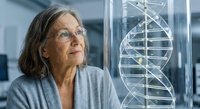 Senior Caucasian female scientist examining DNA double helix model in modern laboratory for genetic research and biotechnology studies.