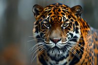 Close up portrait of majestic Sumatran tiger with intense gaze, detailed view of orange and black striped fur pattern and distinctive facial features against dark background.