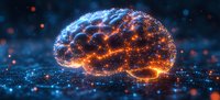 Glowing brain shape formed by interconnected light particles and energy streams against dark background with bokeh effects, representing artificial intelligence.