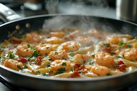 Steaming shrimp scampi with garlic butter sauce cooking in black pan, garnished with fresh herbs and cherry tomatoes, close up view of seafood preparation.