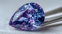 Rare pear-shaped gemstone with blue and purple color zones, held by tweezers against white background, showcasing brilliant facets and exceptional clarity.