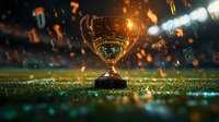 Golden trophy on grass field at night with magical bokeh lights and floating musical notes creating atmospheric sports celebration ambiance.