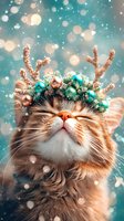 Smiling ginger cat wearing festive reindeer antlers crown with turquoise and rose gold ornaments against snowy bokeh background in winter holiday mood.