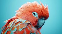 Vibrant coral-colored macaw in close-up profile view against turquoise background, showing detailed feather texture and distinctive blue eye area. Exotic bird portrait.