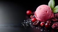 Pink berry ice cream scoop with fresh cranberries, mint leaves and sugar crystals on dark background, selective focus with copy space for food photography.
