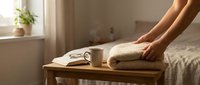 Woman hands folding cozy knit sweater on wooden bedside table in warm sunlit bedroom interior with coffee cup and book creating peaceful morning routine.