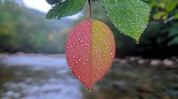 Vibrant autumn leaf with morning dew drops hanging over blurred river background, displaying red and yellow gradient colors in natural sunlight. Nature photography.
