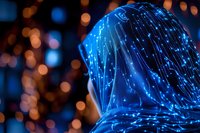 Woman wearing luminous fiber optic hijab glowing with blue light against dark background with bokeh lights creating magical atmosphere.