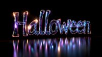 Glowing neon Halloween text with colorful light effects and reflections on dark background for spooky holiday designs and party decorations.