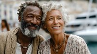Happy senior African American couple smiling together at marina with boats in background. Elderly man and woman enjoying retirement lifestyle outdoors.