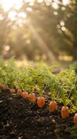 Fresh organic carrots growing in rich soil with green foliage in warm golden sunlight with bokeh background for healthy eating and gardening concepts.
