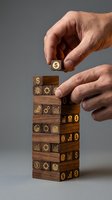 Hands stacking wooden blocks engraved with financial icons, symbolizing business strategy, investment growth, and economic planning.