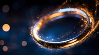 Glowing magical ring with sparkles and light trails on dark blue background with bokeh effect creates mystical atmosphere for fantasy designs.