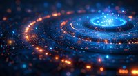 Futuristic digital circuit with glowing orange and blue light trails forming spiral pattern, technology concept background with bokeh effect and depth of field.