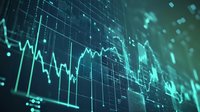 Digital stock market data visualization with glowing turquoise line graphs and grid overlay on dark background, suitable for finance, trading, and business analytics presentations.