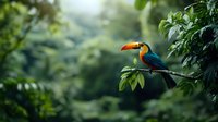Vibrant toucan perched on green branch in misty tropical rainforest setting, colorful exotic bird with distinctive orange beak against blurred natural background.