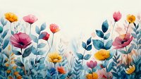 Watercolor floral composition with pink and yellow poppies, blue leaves on light background, creating dreamy botanical garden scene.