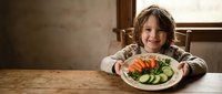 Happy young boy enjoying healthy meal with fresh vegetables including carrots and cucumbers at wooden table in cozy kitchen setting for family nutrition.