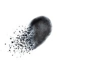 Black fingerprint dissolving into scattered particles on white background, dramatic disintegration effect showing digital transformation and data decay concept.