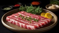 Raw marbled beef steaks with fresh herbs and spices on wooden cutting board, ready for grilling or cooking in kitchen setting for culinary preparation.
