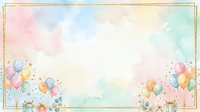 Pastel watercolor celebration background with colorful balloons, gift boxes, and confetti scattered on soft pink, blue, and yellow gradient. Ideal for invitations, greeting cards, and party designs.