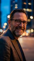 Mature Caucasian businessman with glasses and beard smiling warmly in urban evening setting with bokeh lights for professional corporate content.